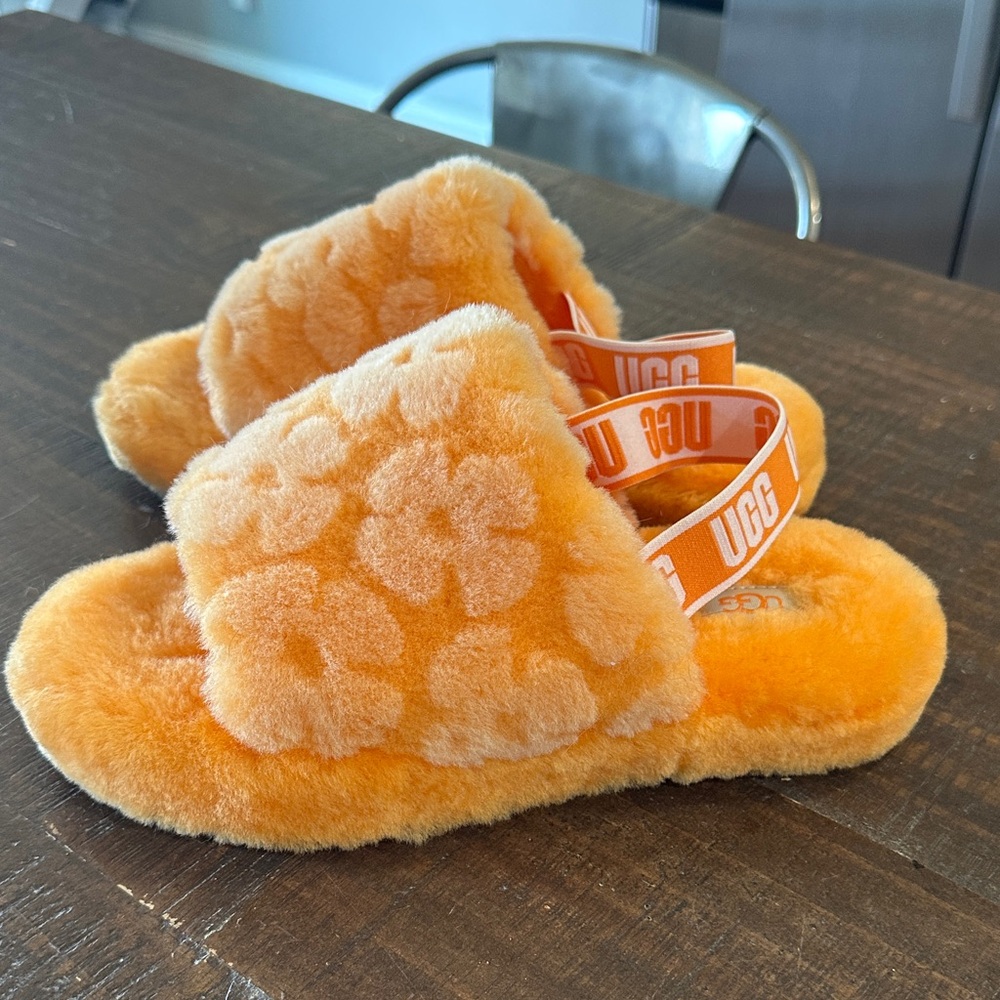 UGG Orange Floral Fluffy Slides